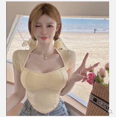 大胸女主播上镜衣服纯欲风显胸大领口u领短袖t恤性感夜店辣妹上衣