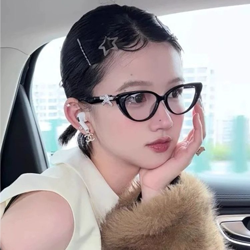 韩版黑框Y2K镶钻蝴蝶结猫眼眼镜女近视素颜平光眼镜框架可配度数