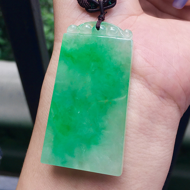 七小匠天然缅甸老坑a货翡翠玉石雕刻冰种阳绿无事牌翡翠吊坠女士