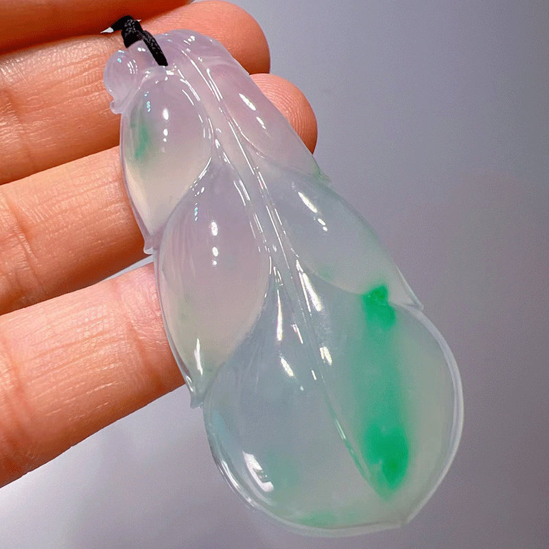 七小匠 天然缅甸老坑a货翡翠冰种飘绿玉石雕刻树叶翡翠吊坠女士