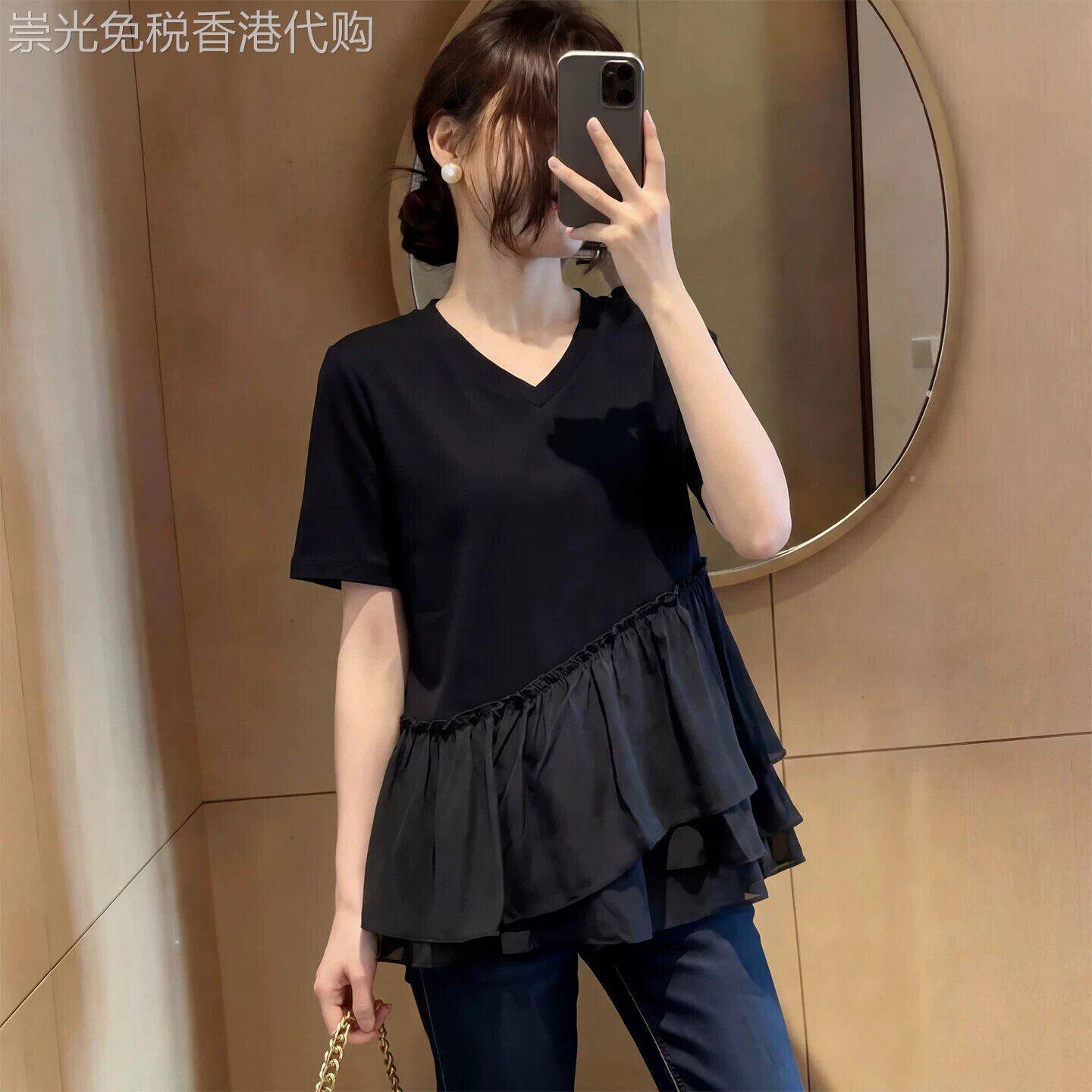 网纱短袖t恤女夏季薄款2026年新款荷叶边拼接大尺码V领正肩半袖上