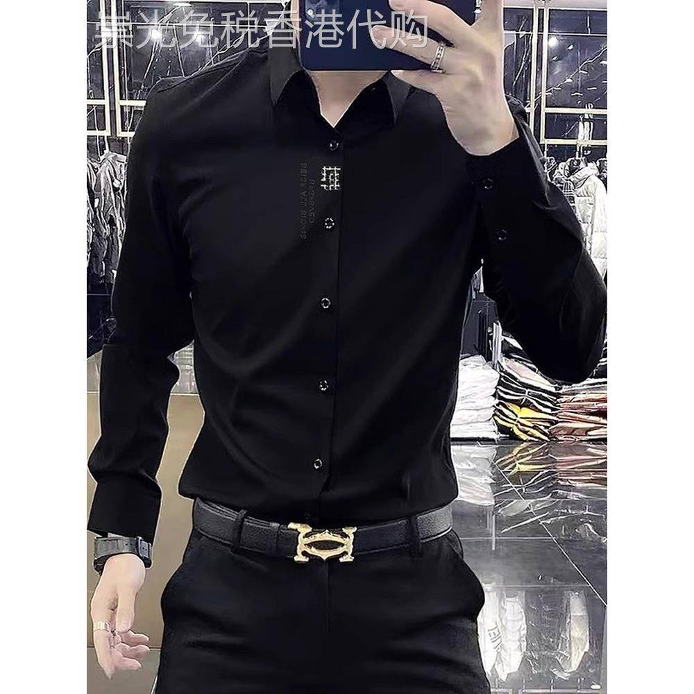 MK高级感烫钻长袖衬衫男春秋季丝滑弹力商务休闲免烫男士白衬衣潮