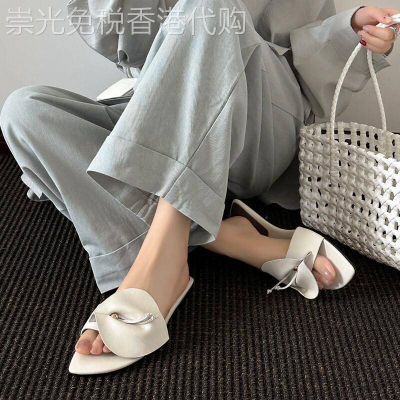 巴黎街头~设计感法式个性露趾一字拖女羊皮一脚蹬方头凉拖平底鞋