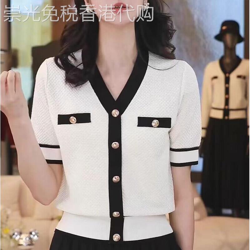 欧洲站小香风冰丝针织短袖T恤女2026新款夏季薄款白色V领百搭上衣