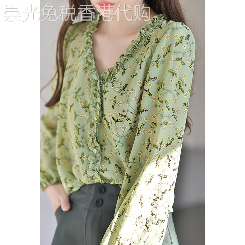 绿色碎花真丝上衣女桑蚕丝衬衫早春长袖V领设计感小众衬衫法式
