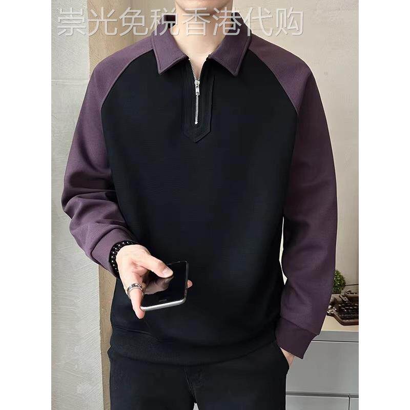 ZaSaFran~潮流半拉炼翻领卫衣男款高端宽松拼接外穿长袖POLO衫男