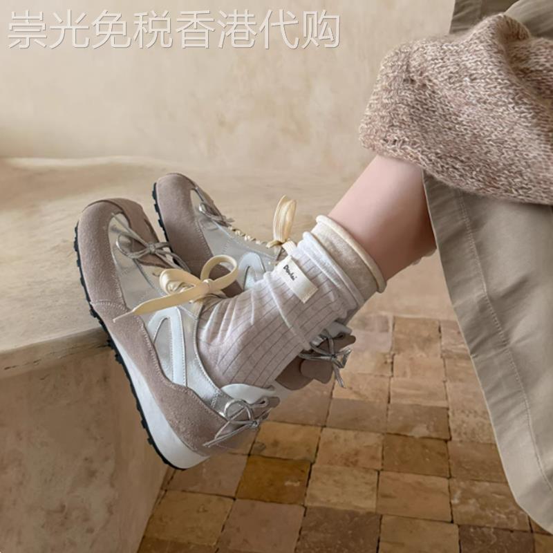 假日出逃~ 小众复古拼色芭蕾风运动休闲鞋德训鞋女银色蝴蝶结包鞋
