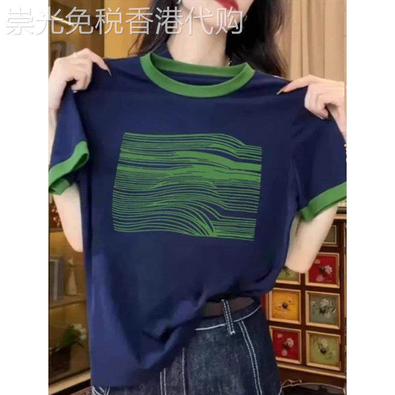 撞色拼接短袖t恤女夏装2025新款韩版时尚百搭圆领休闲印花上衣潮