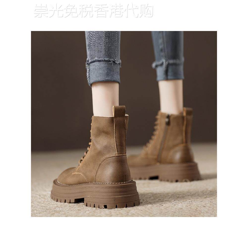 香港厚底真皮马丁靴女2025秋冬新款系带机车靴子百搭加绒增高短靴