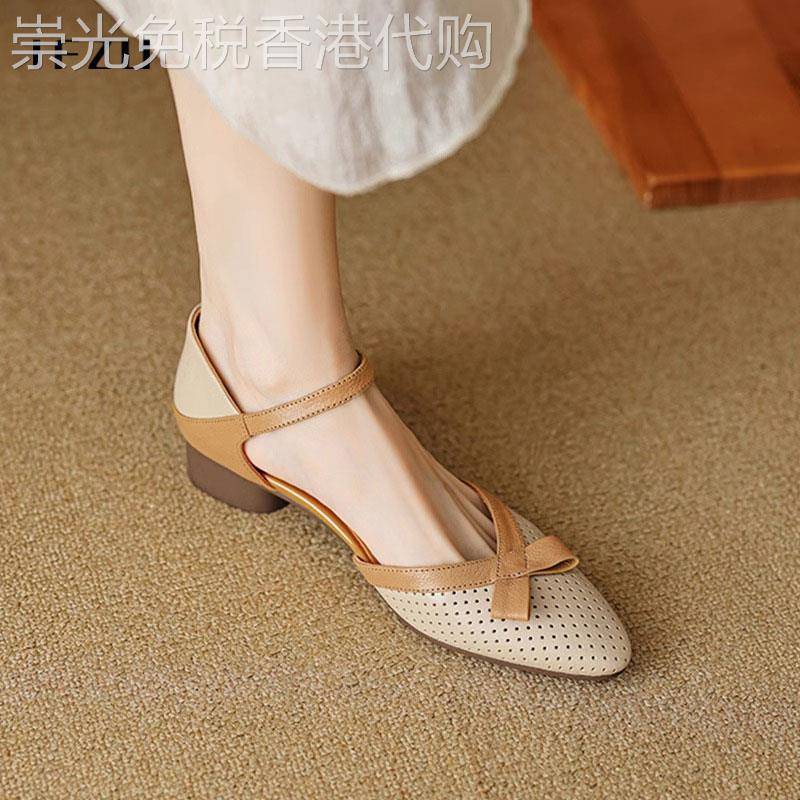 真皮包头凉鞋女夏季2026新款法式复古镂空尖头一字带粗跟低跟单鞋
