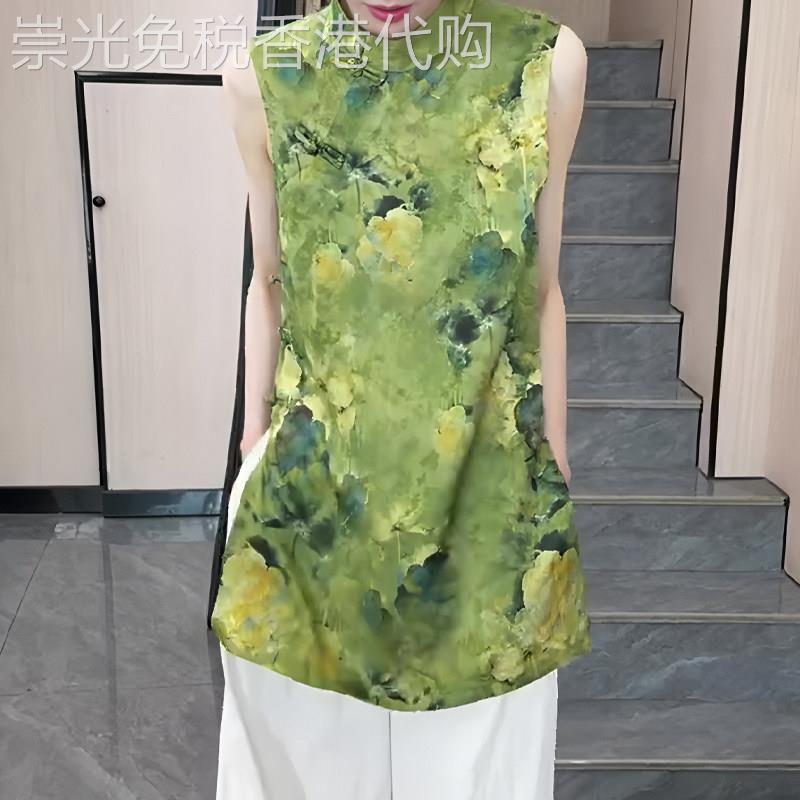 新中式高端绿色印花无袖女2026年夏季新款气质小众复古大尺码上衣