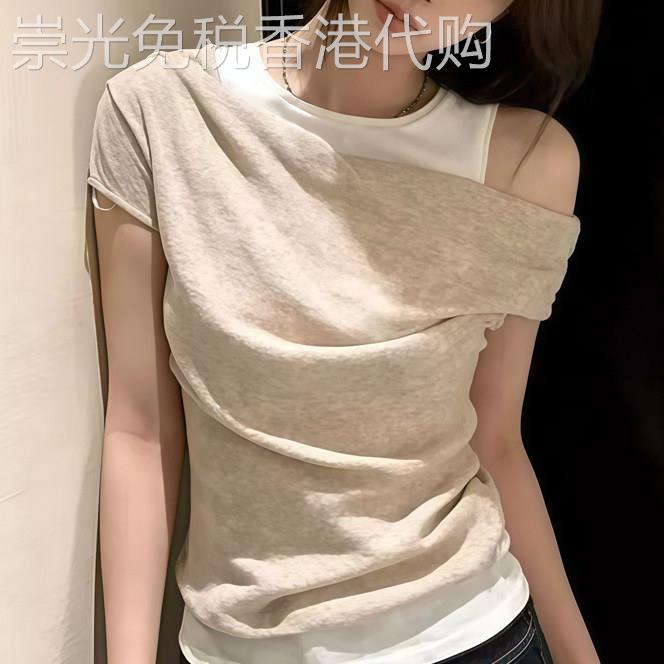韩系假两件露肩短袖T恤女2026夏季新款欧货修身不对称设计感上衣
