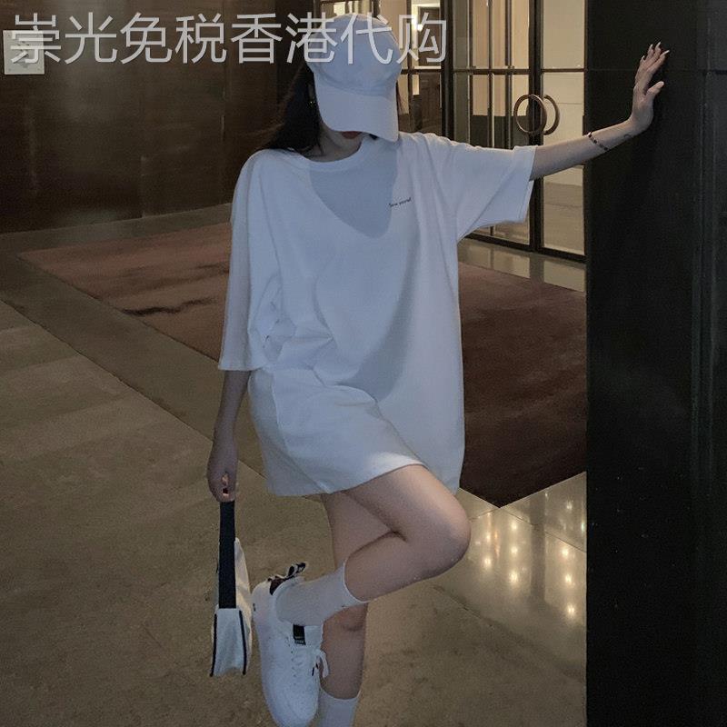 白色短袖t恤女夏季2025新款韩版纯棉中长款大码宽松ins超火上衣潮