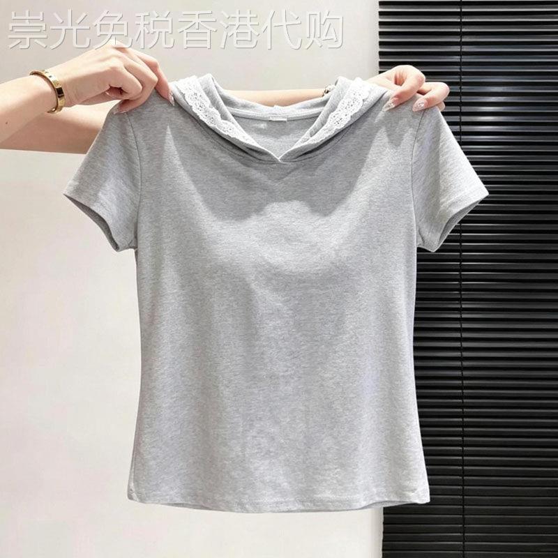 灰色蕾丝拼接大尺码连帽短袖t恤女夏季新款宽松显瘦独特单穿上衣