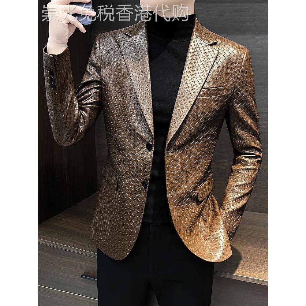 高级感皮西装外套男春秋韩版格纹百搭修身格子皮衣痞帅休闲小西服