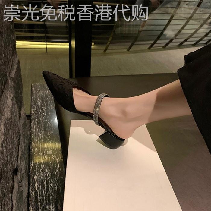 真皮拖鞋女法式潮流水钻尖头2026夏季新款玛丽珍中跟百搭包头凉鞋