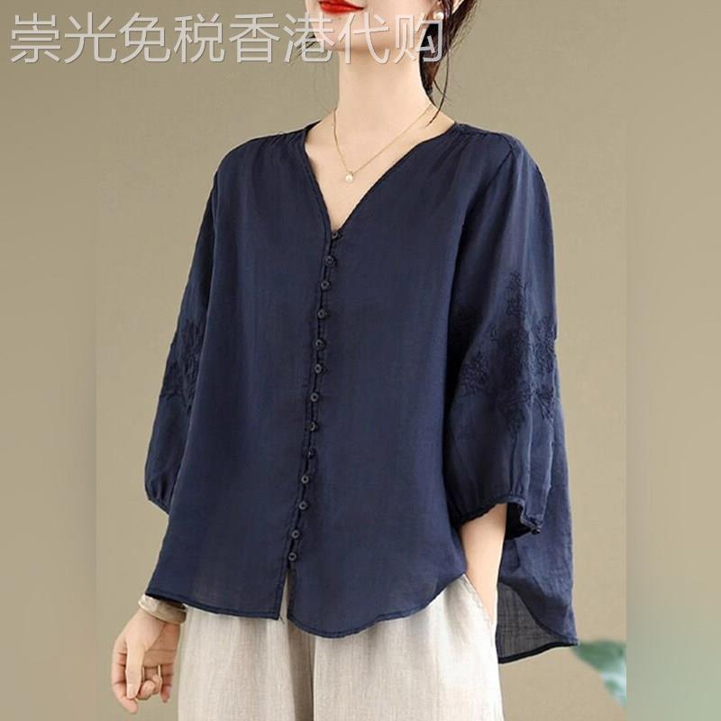 潮牌棉麻刺绣短袖衬衫女款夏季轻奢高级感高端减龄七分袖亚麻上衣