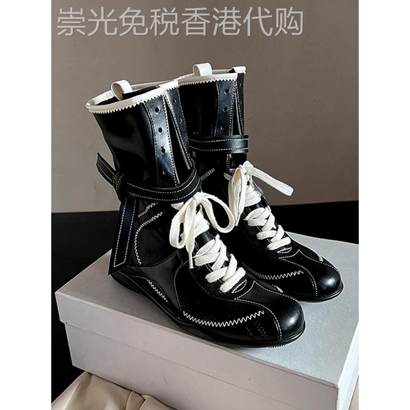 A.D Hepburn 真皮马丁靴女2025秋冬季新款磨砂系带短靴德训拳击靴