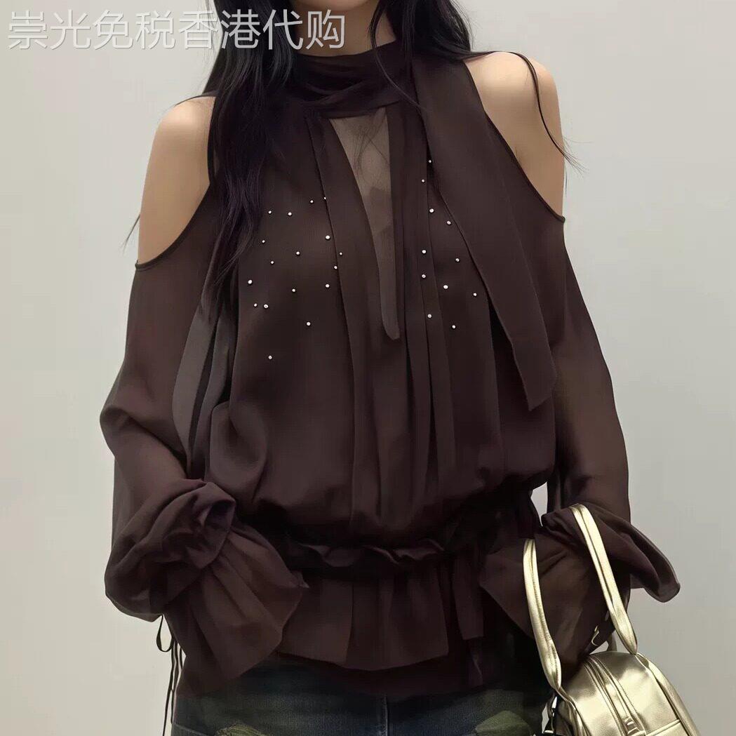 设计感露肩水钻装饰飘逸网纱长袖雪纺衫女装春宽松气质飘带上衣