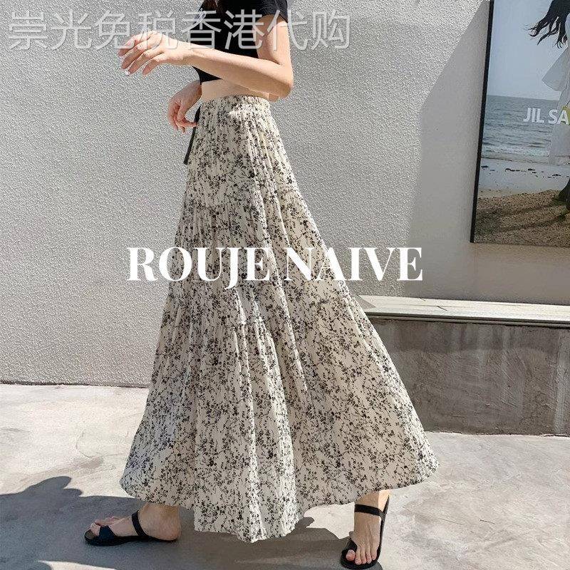 ROUJE NAIVE雪纺半身裙2026春夏新款遮跨大摆伞裙褶皱碎花a字长裙