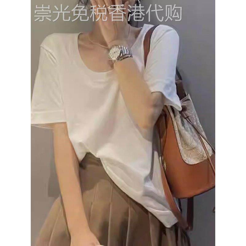 欧货白色U领短袖t恤女夏2025新款宽松显瘦露锁骨低领气质纯棉上衣