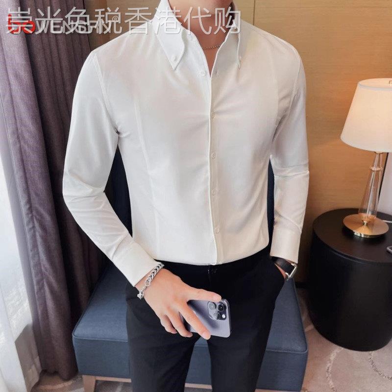 法式大尖领衬衫男士长袖2025新款春秋季高级感韩版痞帅白衬衣男款