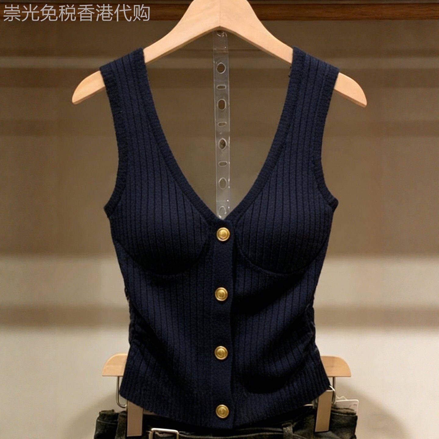 藏青色针织吊带背心女带胸垫修身显瘦三亚旅游深V领抹胸无袖上衣