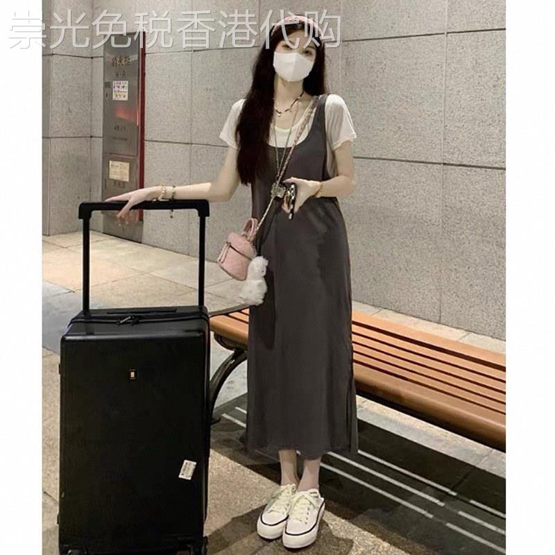 假两件洋装女夏欧货胖MM吊带直筒长裙温柔风过膝短袖开叉T恤裙
