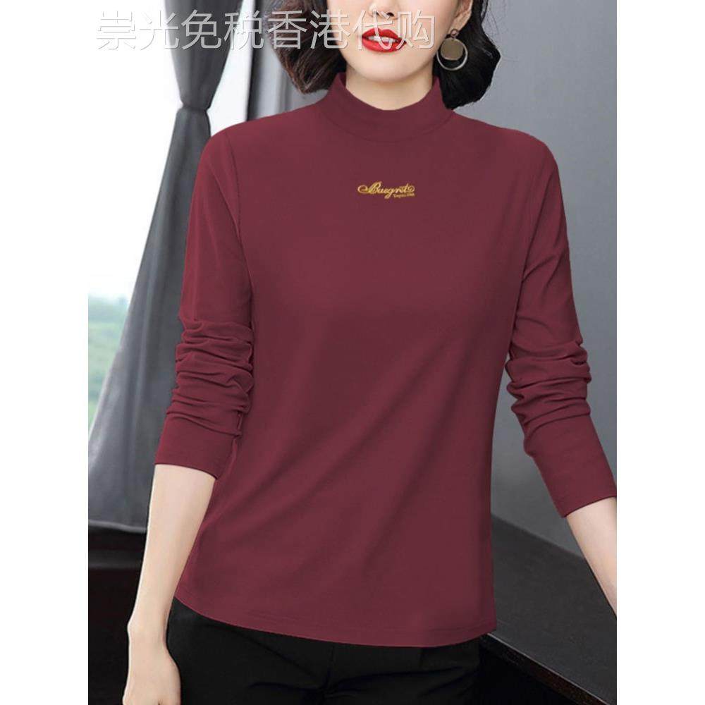 潮牌半高领纯棉打底衫女秋冬内搭可外穿修身妈妈秋衣长袖t恤上衣