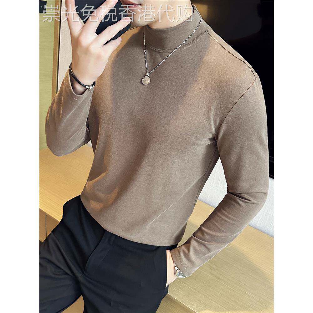 TWG冬季半高领纯棉打底衫男士长袖休闲内搭修身中领t恤高级感男装