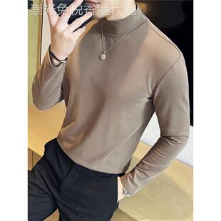 TWG冬季半高领纯棉打底衫男士长袖休闲内搭修身中领t恤高级感男装