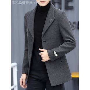 羊绒大衣男秋冬季高端加绒加厚短款韩版修身西装男士羊毛呢子外套