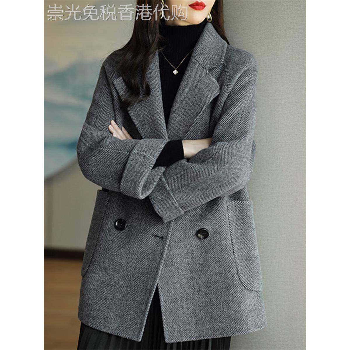 香港高级感西装领气质毛呢外套女秋冬新款人字纹呢大衣宽松显瘦潮