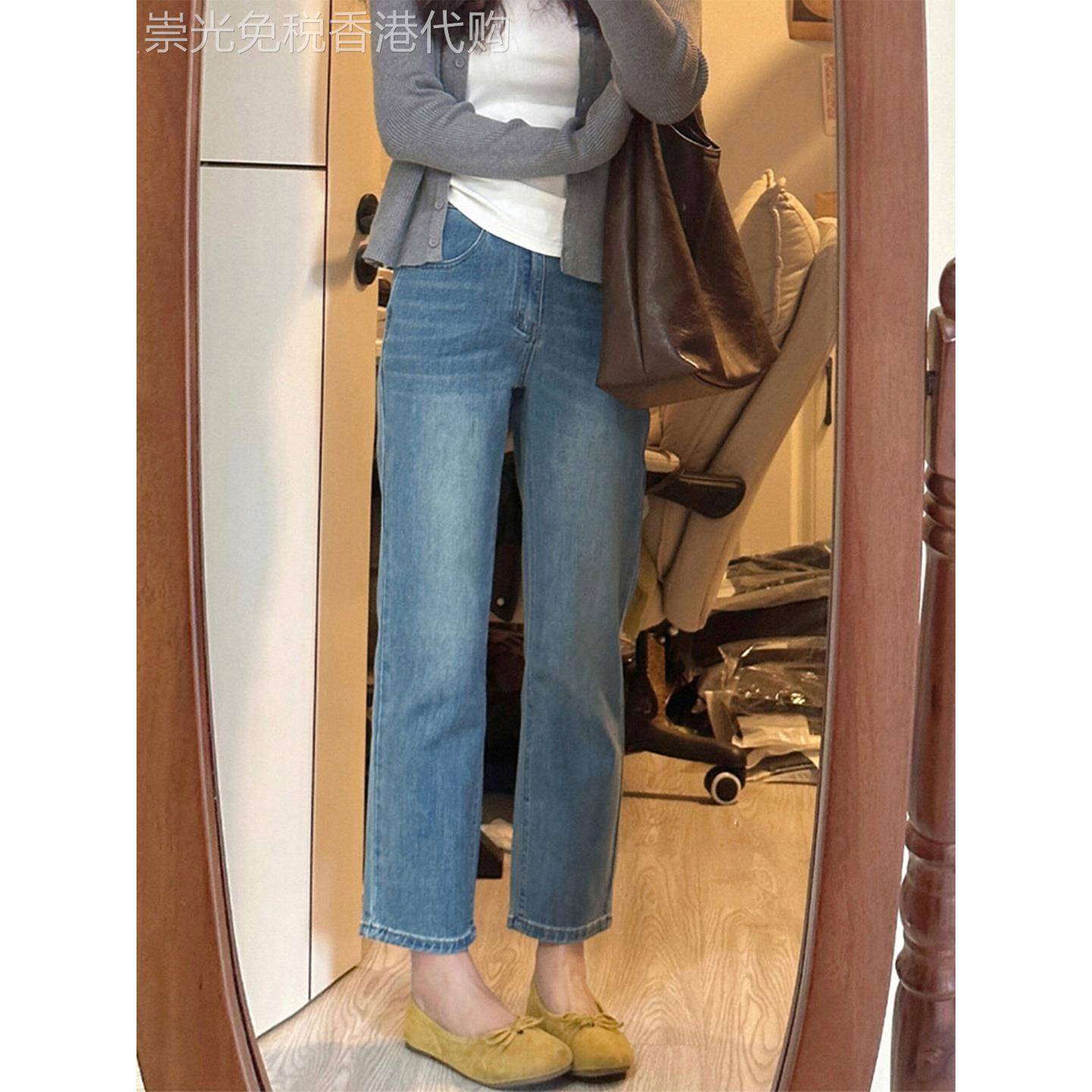 蓝色覆古牛仔裤女2025秋季大码胖mm高腰宽松显瘦百搭直筒九分裤