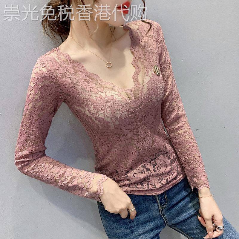 蕾丝打底衫女春秋2025新款内搭时尚洋气小衫修身v领镂空雪纺上衣