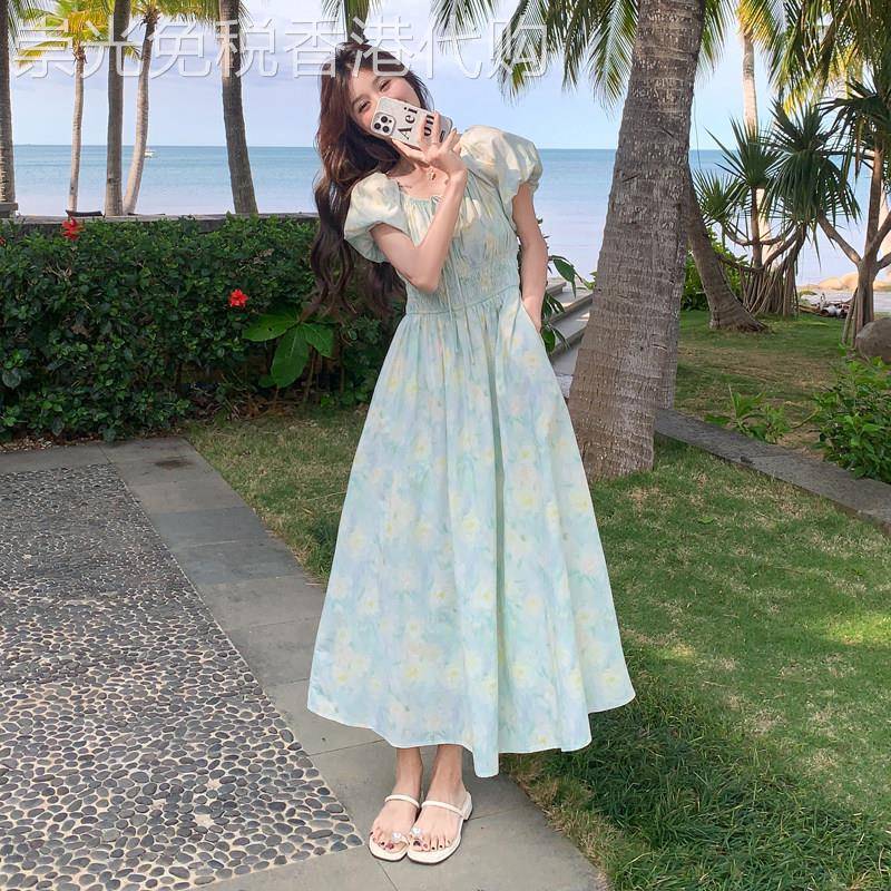 法式小清新碎花连衣裙女2026夏季新款泡泡袖浪漫独特漂亮掐腰长裙
