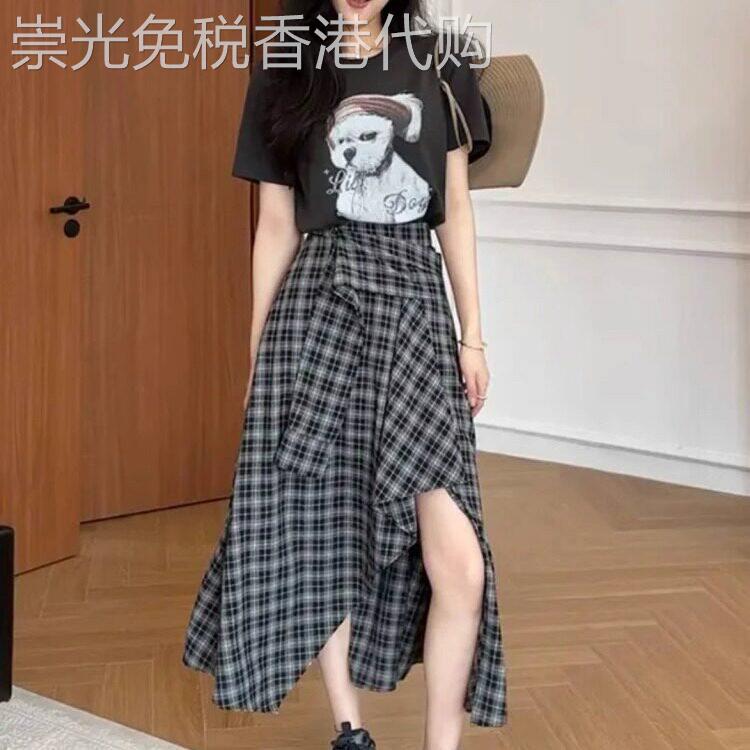 韩系不规则假衬衫格子半身裙女新款百搭小个子梨型身材显瘦a字裙