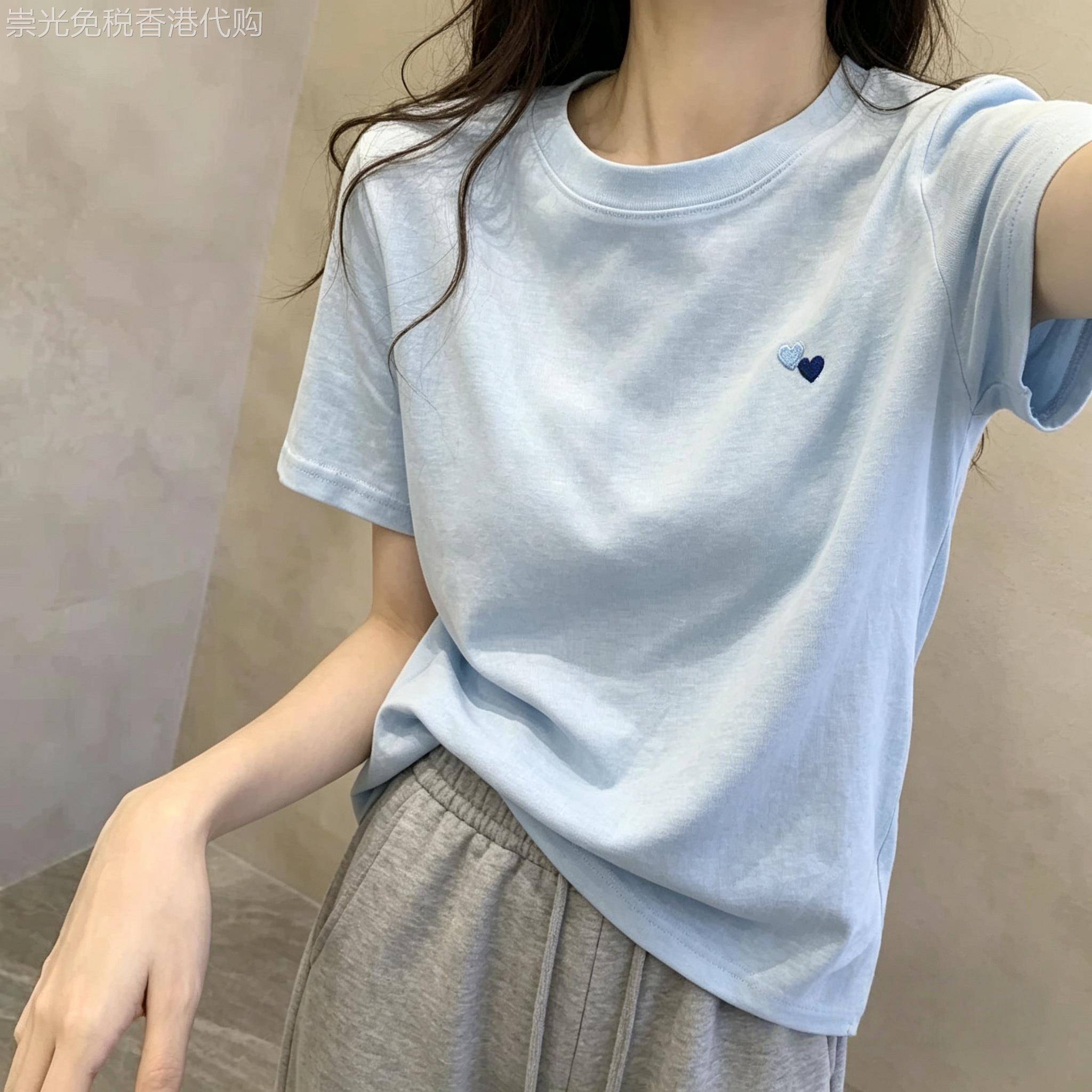 蓝色爱心刺绣短袖T恤女正肩夏季新款宽松遮肉显瘦时尚休闲上衣棉