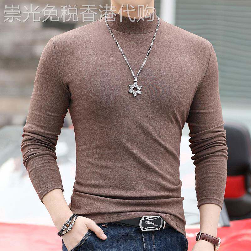 香港修身打底衫男士半高领秋冬纯棉紧身T恤纯色保暖大码长袖秋衣