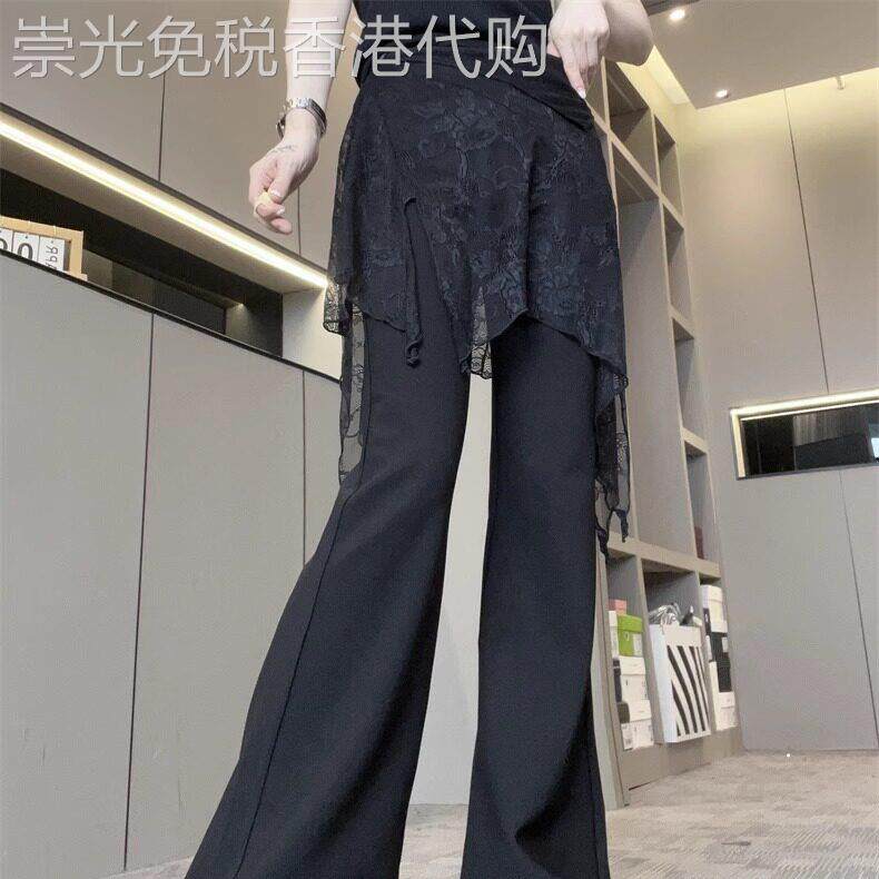 拼接蕾丝屁帘裤裙休闲裤女2025新款纯色高腰显瘦微喇叭裤长裤子欧