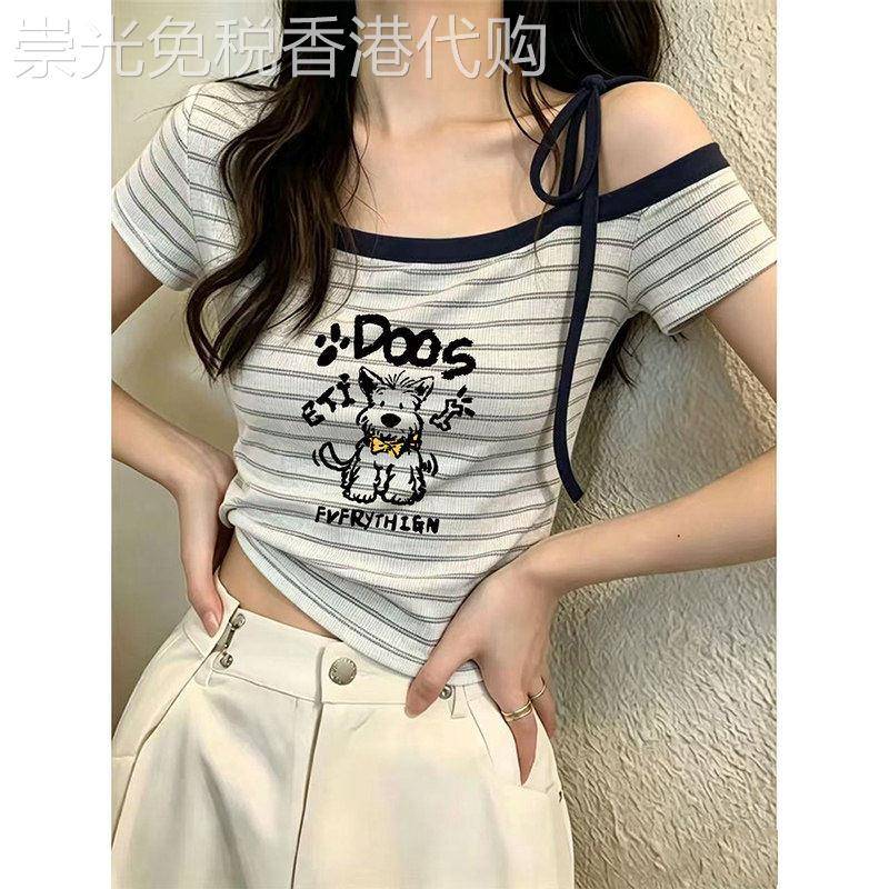 条纹斜肩减龄短袖T恤女夏季韩系纯欲甜辣修身显瘦露肩巨好看上衣