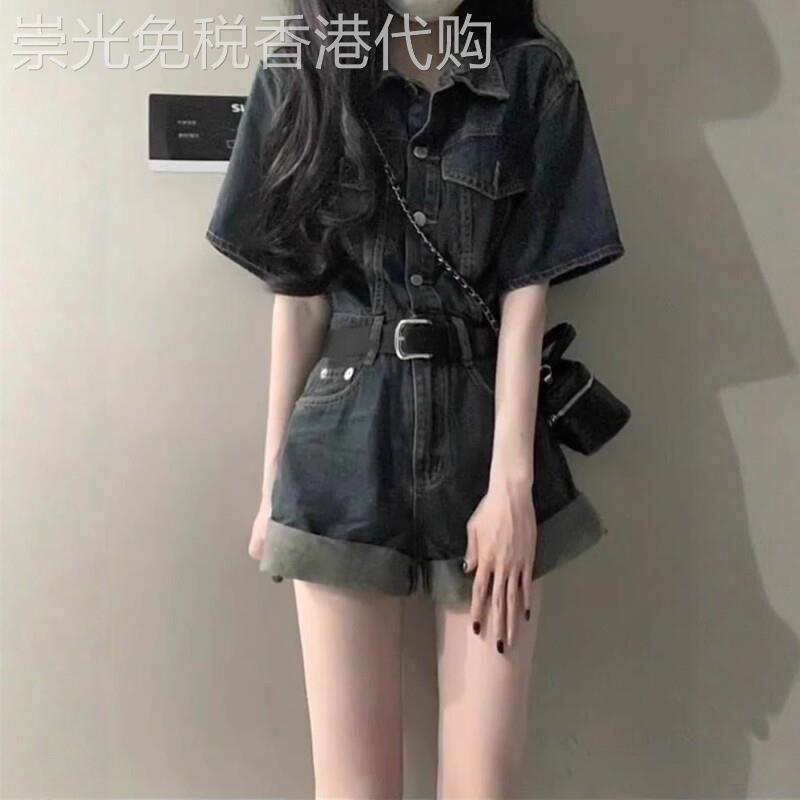牛仔连身裤套装女夏季薄款2026新款韩版洋派收腰显瘦连衣阔腿短裤
