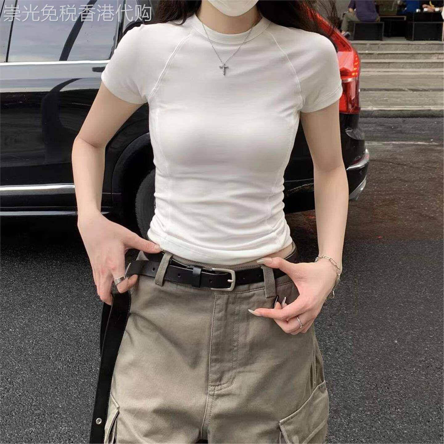 简珀独特漂亮巨好看正肩圆领短袖T恤女高端白领上衣