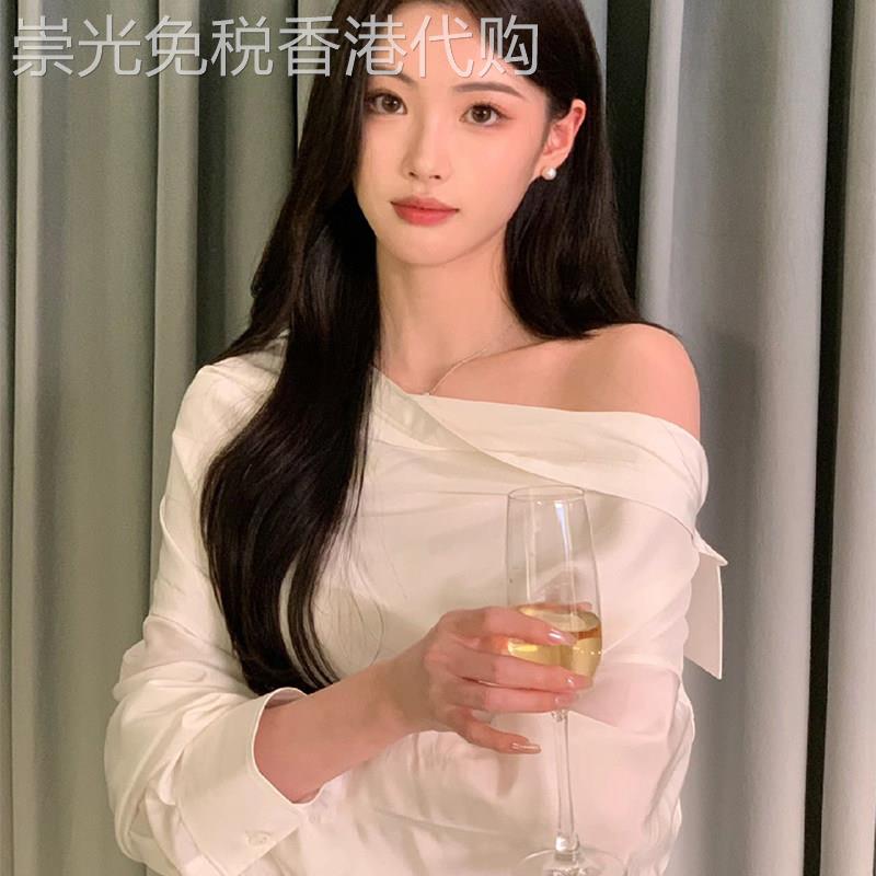 白色落肩一字领衬衫女装2026新款法式高级感设计小众缎面长袖上衣