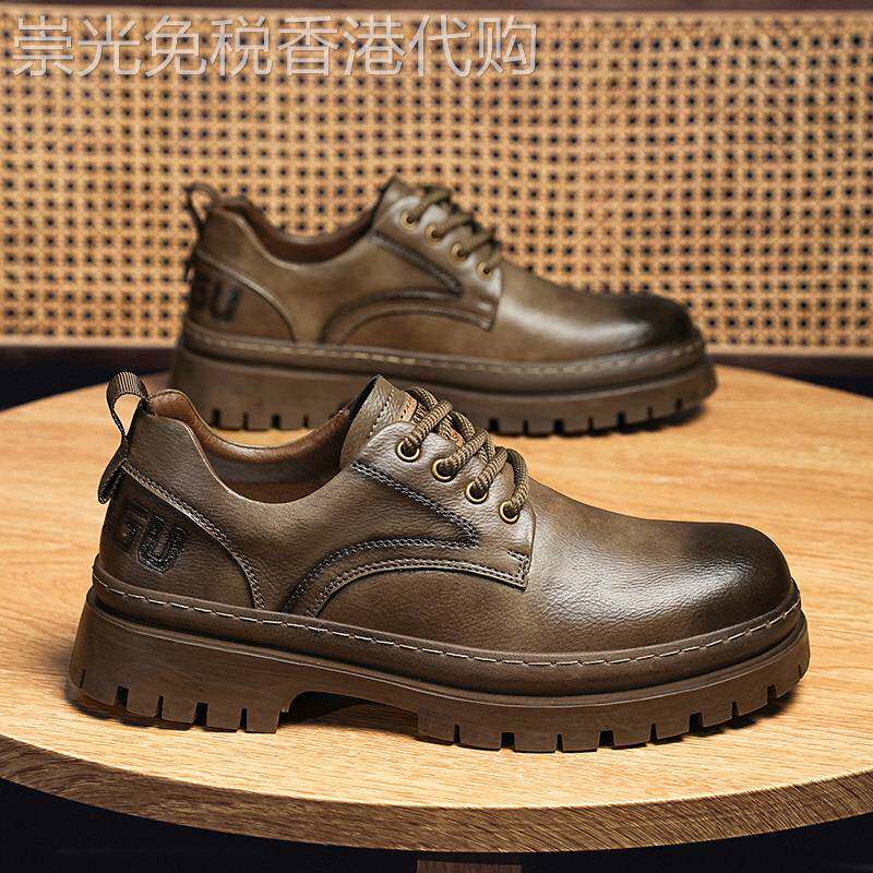 英伦风覆古皮鞋男秋季真皮大头工装德比鞋厚底增高休闲低帮马丁靴