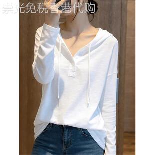 白色连帽长袖T恤春款2026新款女装韩系叠穿内搭半开领打底衫上衣