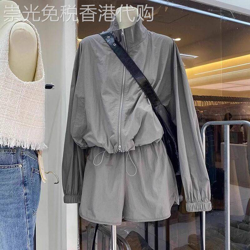 欧货大尺码冰丝速干运动套装女夏胖mm宽松防晒衣外套阔腿短裤两件