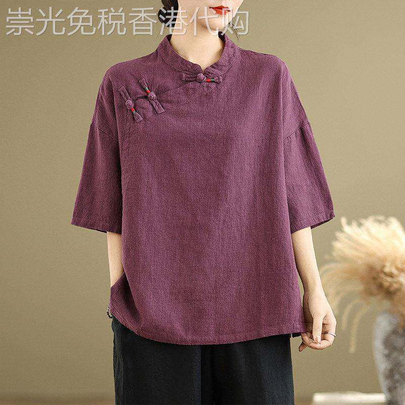 棉麻短袖衬衫女夏季薄2026新款中式复古禅意大尺码宽松亚麻衬衫上