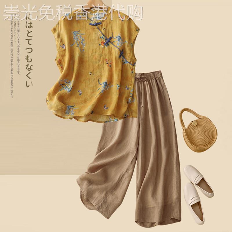 欧洲站休闲时尚棉麻套装女2026新款夏季民族风高端亚麻上衣两件套