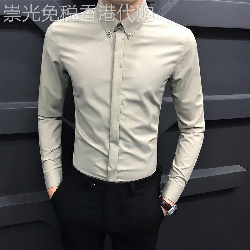 潮牌衬衫男士春秋季高级感修身长袖男装上衣韩版商务免熨烫抗皱衬
